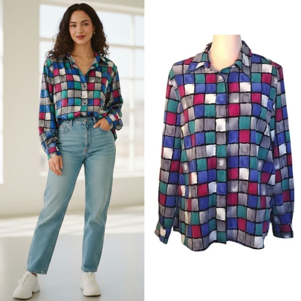 VTG 90s Colorful Colorblock Printed Button Down Satin Blouse Size 12